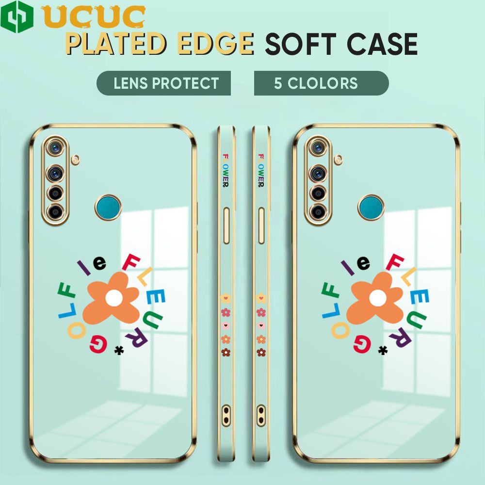 UCUC for Realme 5 5i 5S 6i Back Cover + Free Lanyard Colorful Flower Luxury 6D Plating Case Side Pattern Soft Silicone Square Phone Cases