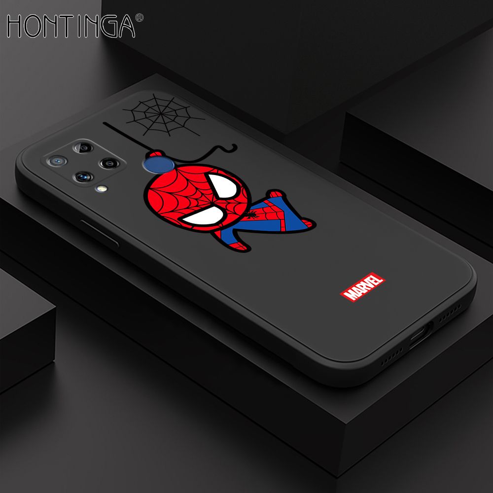 Hontinga for Realme C15 Case Cute Marvel Avengers Cartoon Spiderman Spider Man Phone Case Square Edge Silicone Cases Full Lens Cover Shockproof Protection Case