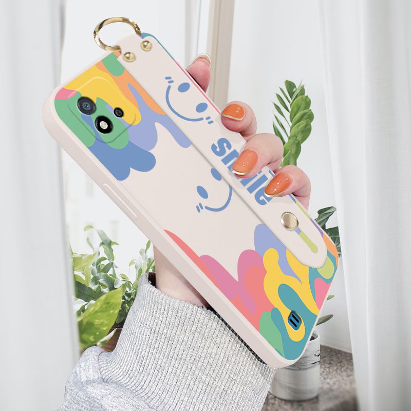 Jizetin for Realme C11 2021 Wrist Strap Case Soft Candy Color Splash Ink Cover Ultra Thin Anti Fall Liquid Silicone Phone Case