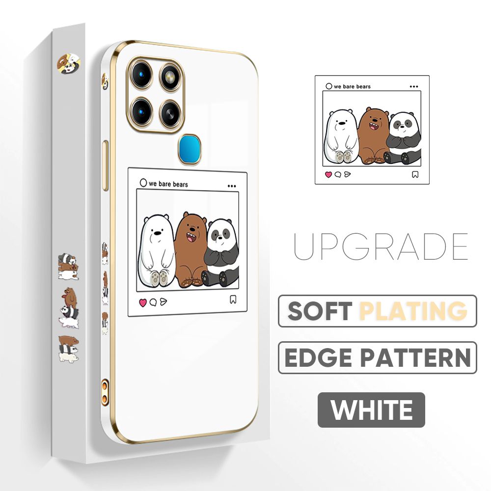 Jizetin (Free Lanyard) Infinix Smart 6 Back Cover Three Bare Bears Luxury 6D Plating Case Side Pattern Soft Silicone Square Phone Cases