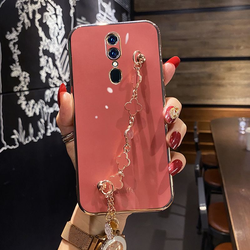 For OPPO F11 Back Cover with Lucky Clover Wristband Chain Fashion Bracelet Shiny Plating Square Edge Bumper Phone Case Soft Silicone Bumper Protective Cover