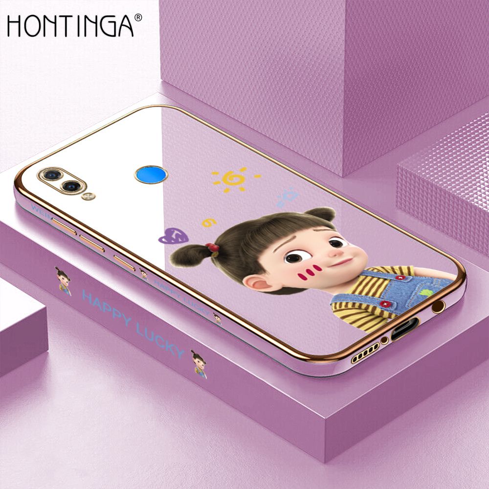 Hontinga for Huawei Nova 3i Back Cover + Free Lanyard Luxury 6D Plating Cute Cartoon Happy Girl Side Pattern Case Soft Silicone Square Phone Cases