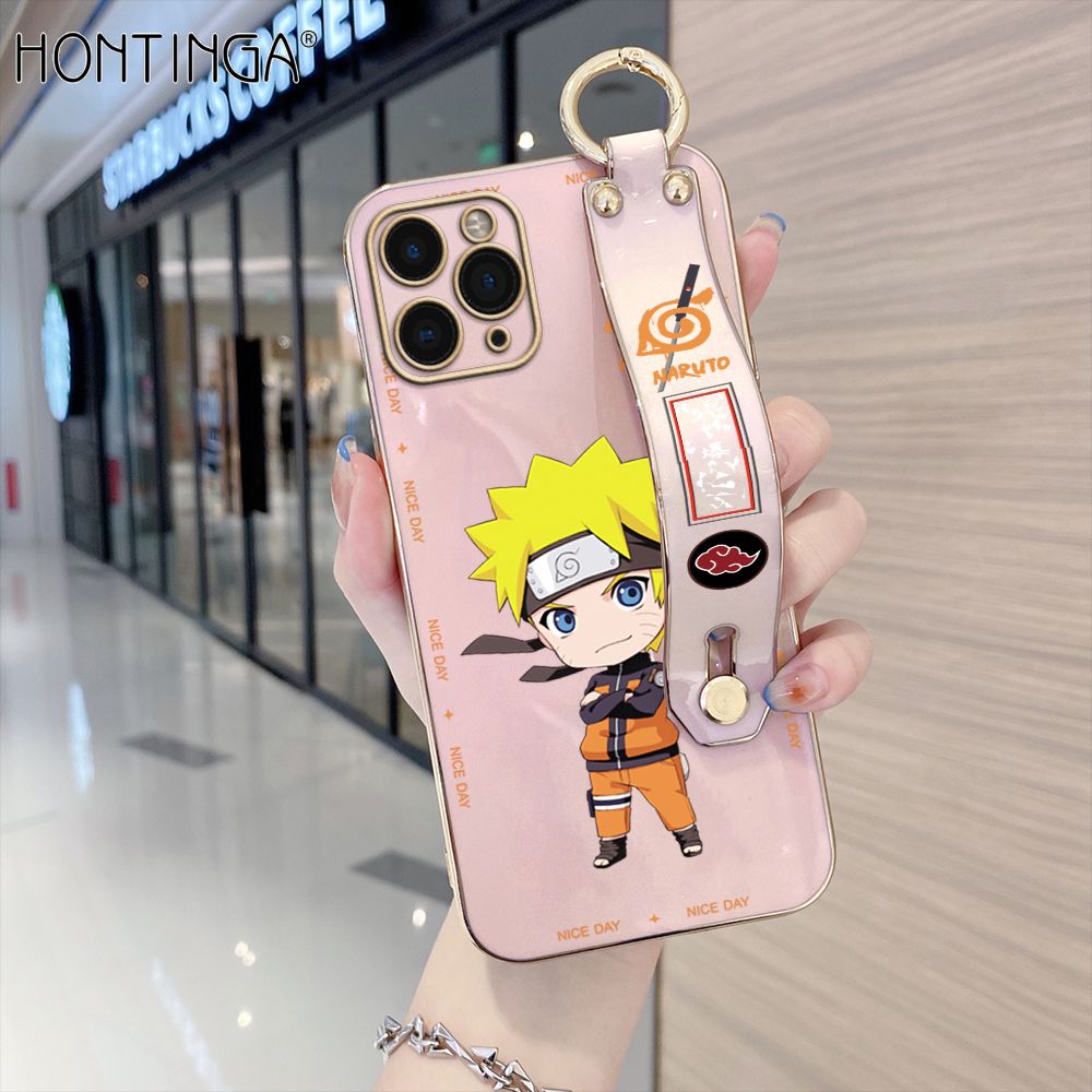 Hontinga for iPhone 11 Pro Back Cover With Wristband Luxury 6D Plating Anime Naruto Uzumaki Case Soft Silicone Square Phone Cases