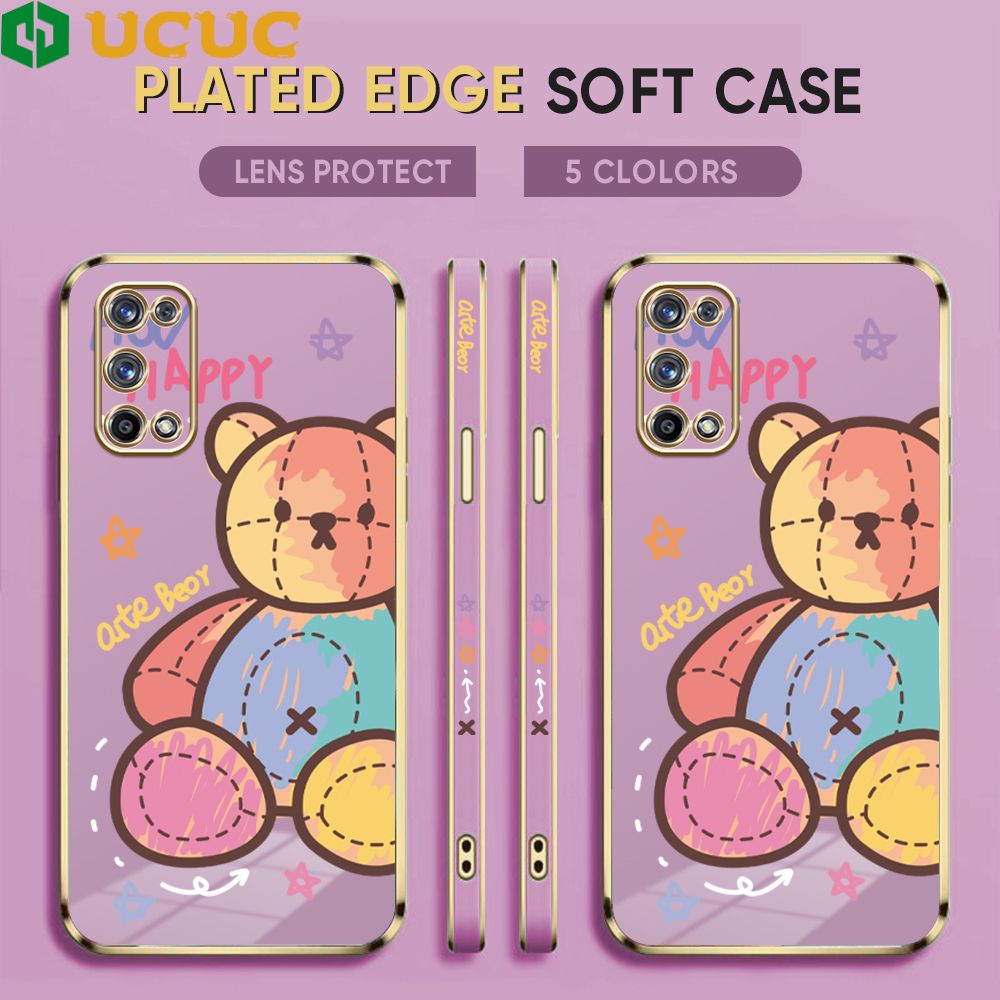 UCUC for Realme X7 Pro Back Cover + Free Lanyard Colorful Muppet Bear Luxury 6D Plating Case Side Pattern Soft Silicone Square Phone Cases