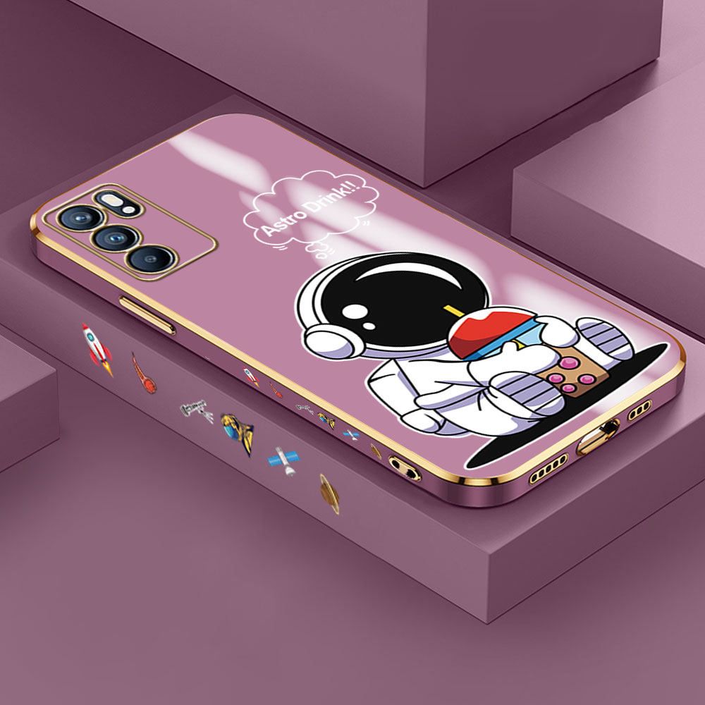 Jizetin (Free Lanyard) OPPO Reno6 5G Case Cute Cartoon Drink Astronaut Luxury 6D Plating Soft Casing Silicone Ultra Thin Phone Cover
