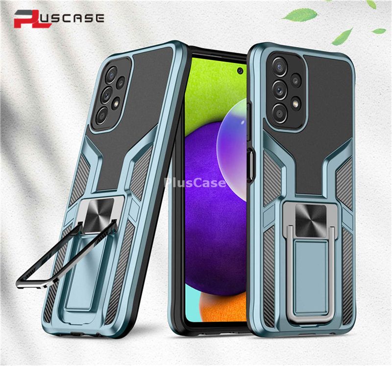 PlusCase for Samsung Galaxy A72 Metal Kickstand Phone Case Reinforced Drop Protection Hard Back Cover