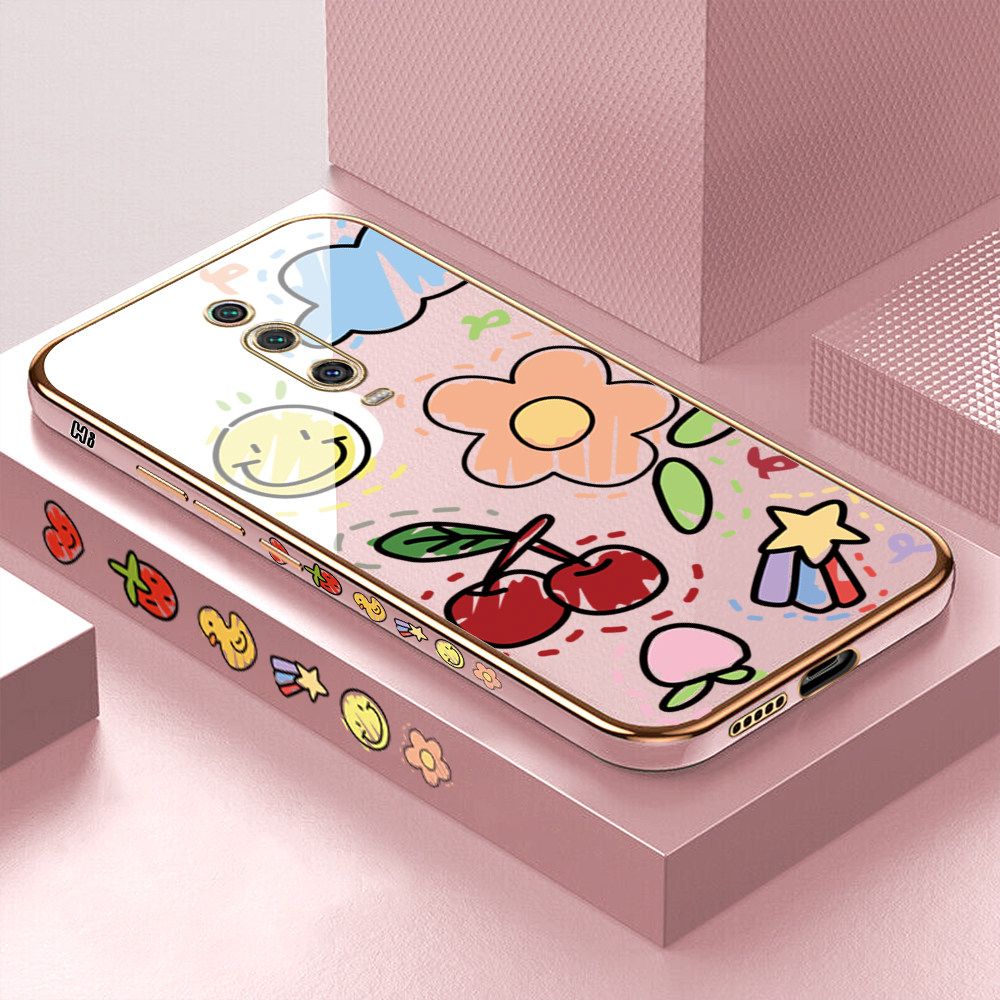 Luxury 6D Plating Case for Xiaomi 9T Pro Color Cartoon cherry Peach Side Pattern Back Cover Soft Silicone Square Frame Shiny Bling Phone Cases + Free Lanyard
