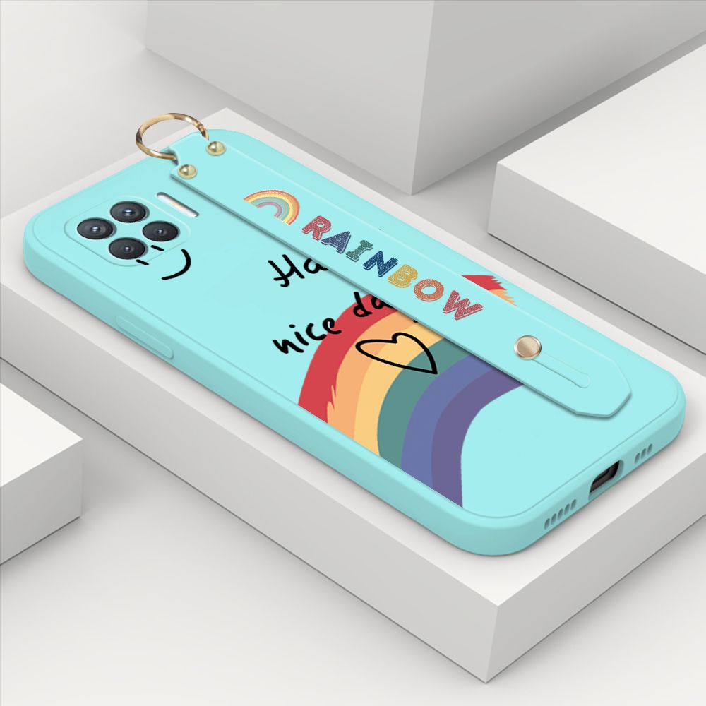 ZeroQiQi for OPPO Reno4 F Wrist Strap Case Lovely Graffiti Rainbow Smile Thin Phone Cover Square Edge Liquid Silicone Creativity Phone Case