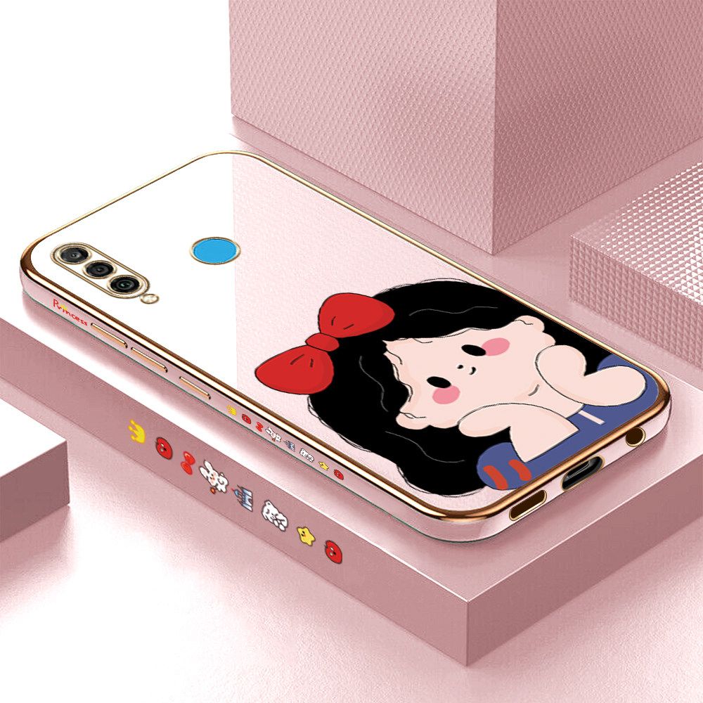 Luxury 6D Plating Soft Casing Silicone Square Frame Phone Case For Huawei P30 Lite Case Shiny Bling Back Cover Cartoon Cute Bow Girl Square Edge Pattern Design Soft Case + Free Lanyard