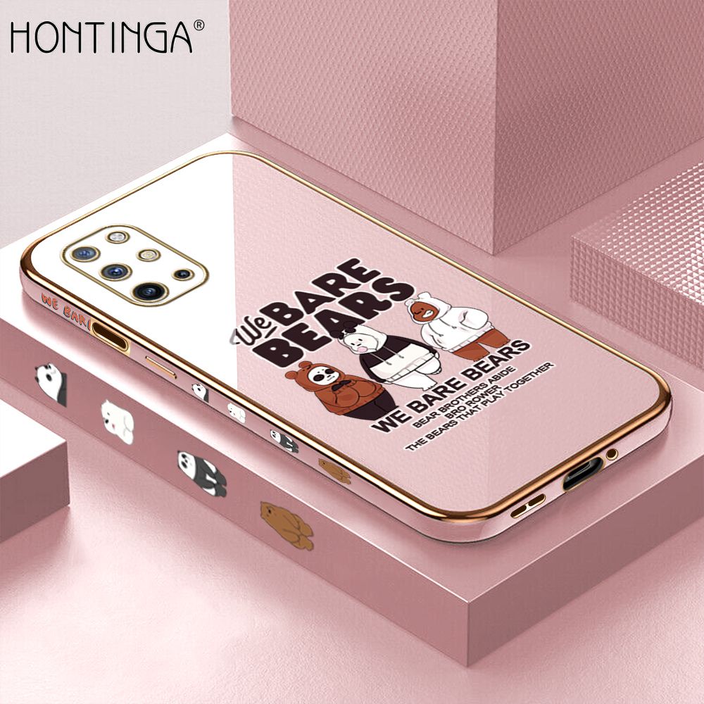 Hontinga for OnePlus 8T Back Cover + Free Lanyard Luxury 6D Plating Cute Three Bears Side Pattern Case Soft Silicone Square Mobile Cover