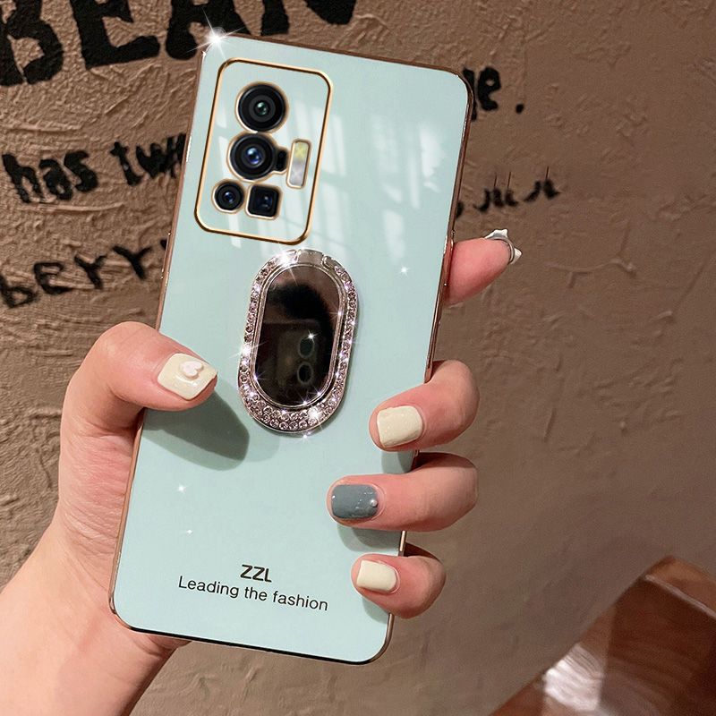 For Vivo X70 Pro 5G Back Cover + Rhinestone Ring Holder Stand Shiny Plating Square Bumper Girls Phone Case Soft TPU Silicone Shockproof Protective Cover