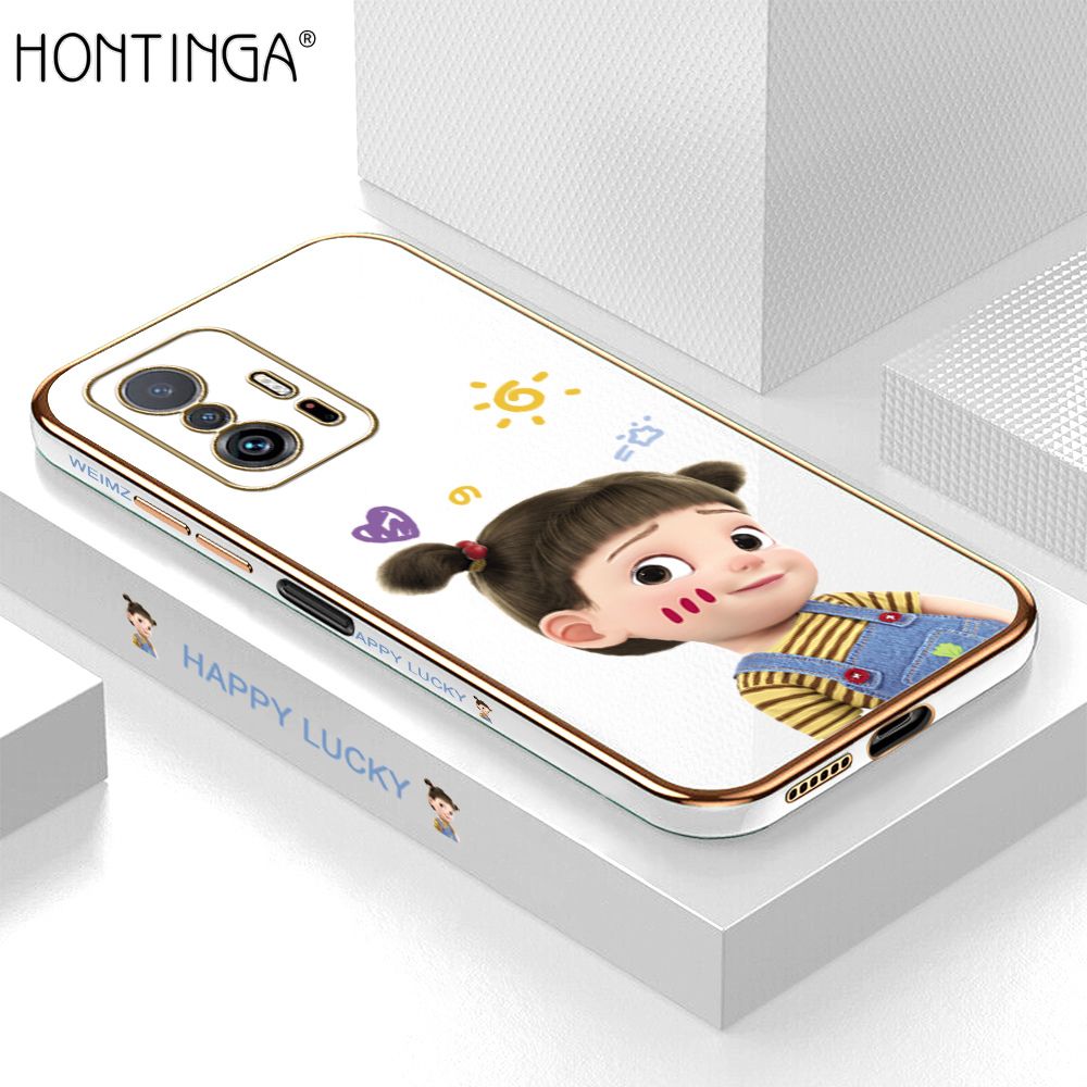 Hontinga for Xiaomi 11T / 11T Pro Back Cover + Free Lanyard Luxury 6D Plating Cute Cartoon Happy Girl Side Pattern Case Soft Silicone Square Phone Cases