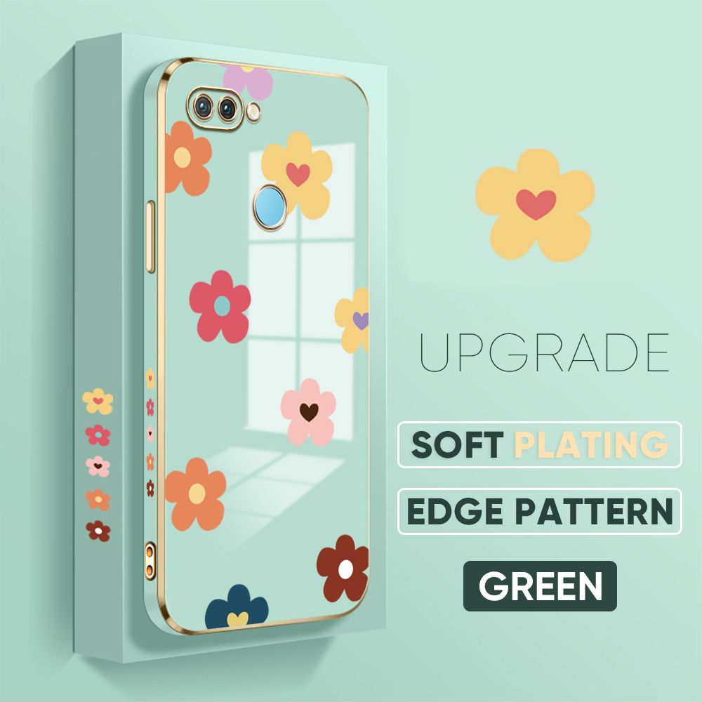 Jizetin (Free Lanyard) Realme U1 Cover Falling Flowers Luxury 6D Plating Soft Casing Silicone Square Frame Phone Case Shiny Bling Back Cover