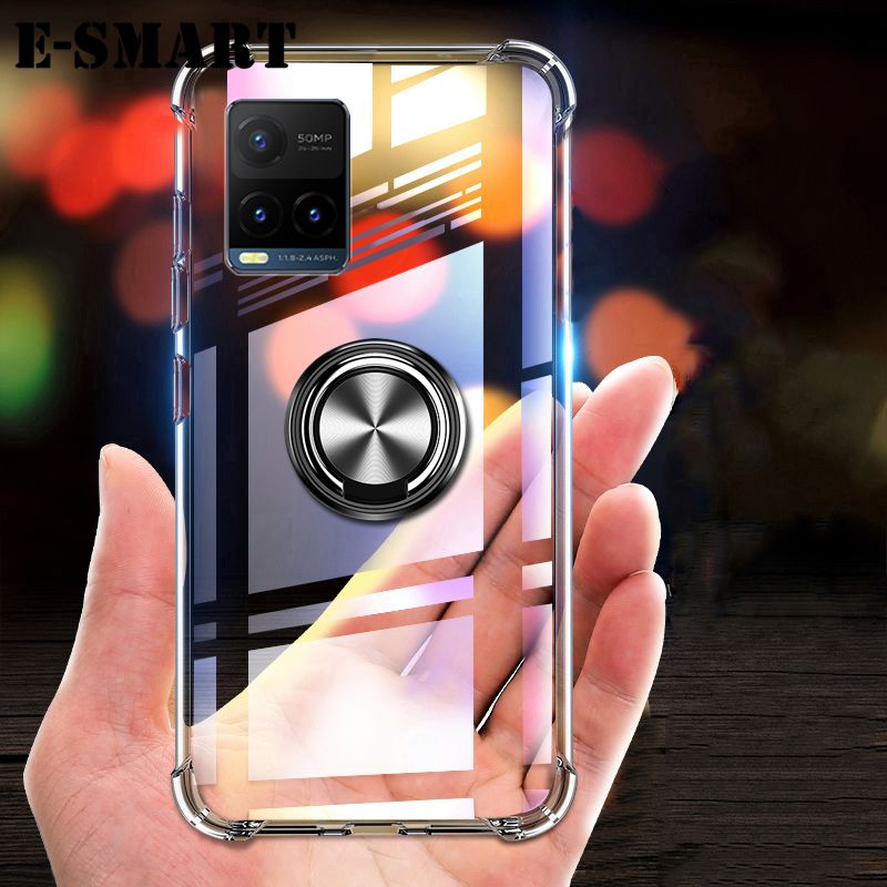 Phone Case VIVO Y21 Back Cover Soft Clear Transparent Airbag Protection Shockproof Car Magnetic Bracket Ring Caese For VIVO Y21