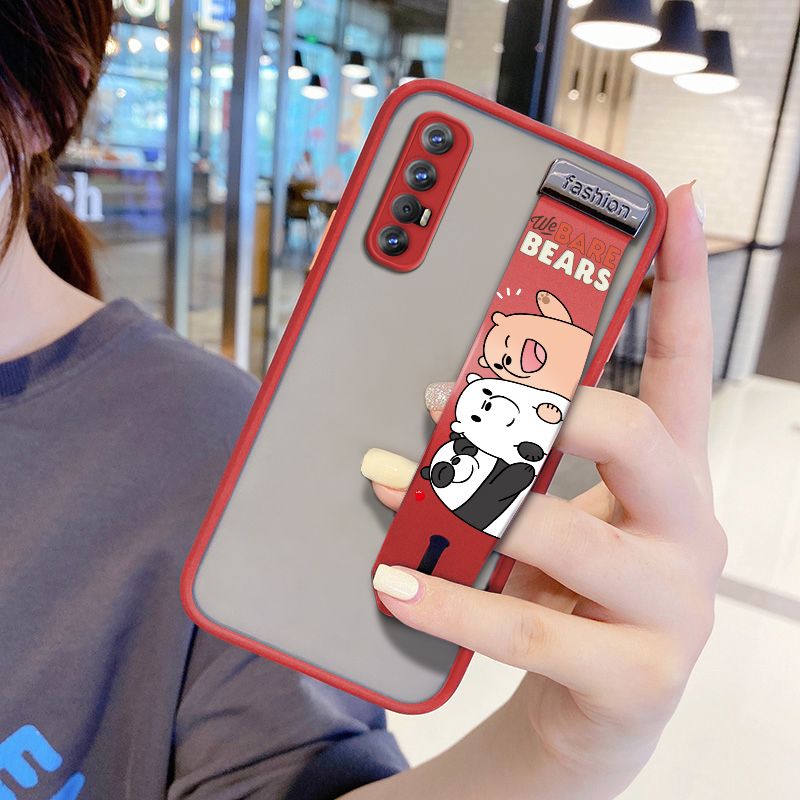 UCUC for Reno3 Pro 4G Wrist Strap Case Cute Cartoon Three Little Bears Wristband Printing Cover Shockproof Frosted Phone Case