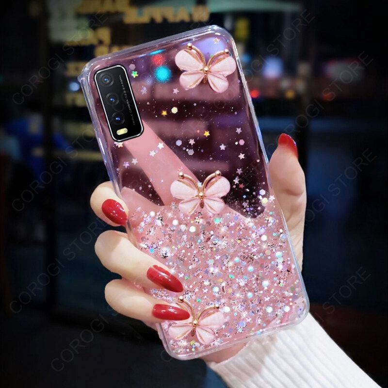 For Vivo Y12s Cover Fashion 3D Diamond Butterfly Shiny Glitter Starry Space Phone Case Clear Soft TPU Silicone Shockproof Protective Back Cover