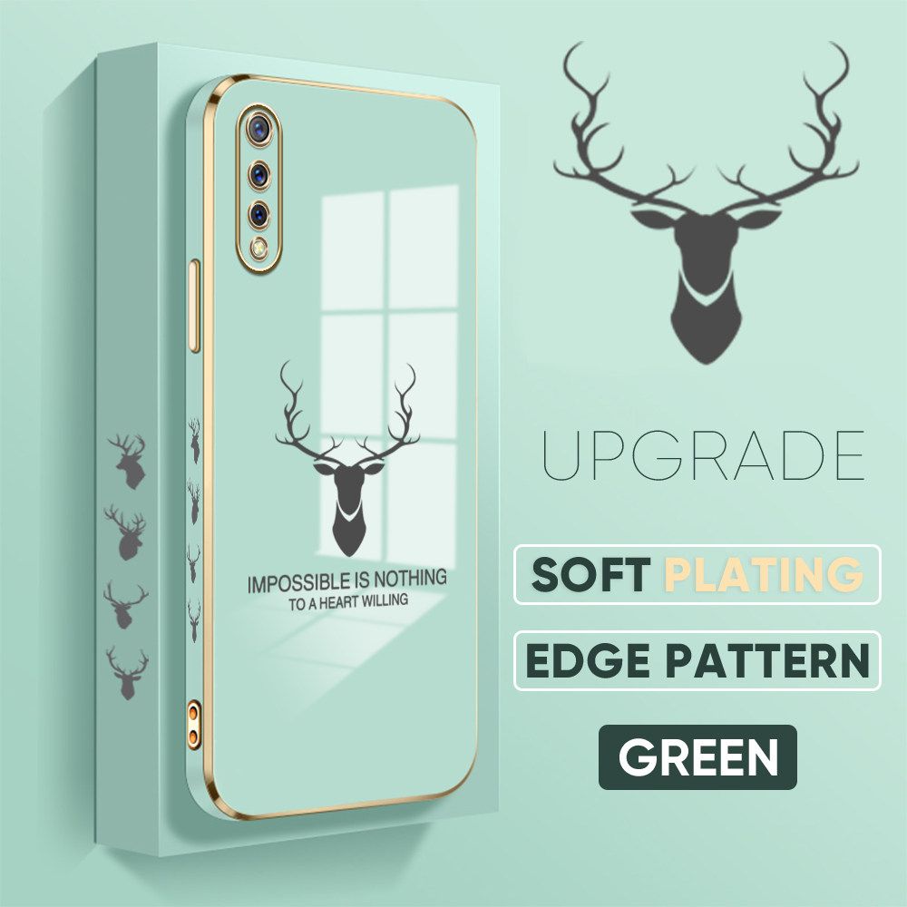 Jizetin (Free Lanyard) Vivo S1 Back Cover Antlers Luxury 6D Plating Case Side Pattern Soft Silicone Square Phone Cases