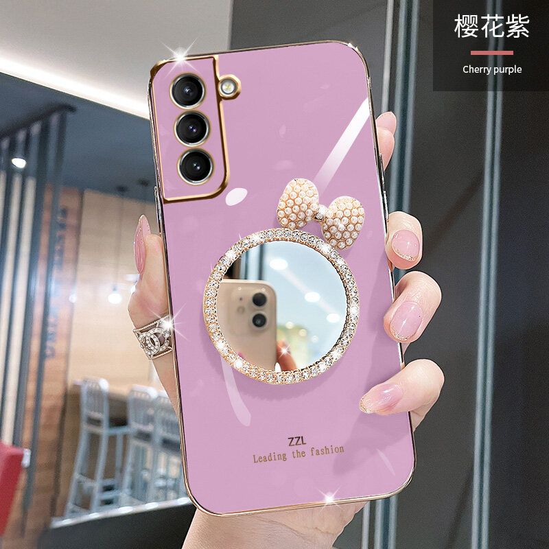 For Samsung Galaxy S21 Plus Back Cover + Bowknot Makeup Mirror Fashion Shiny Plating Square Bumper Bling Girls Phone Case Soft TPU Silicone Shockproof Back Cover