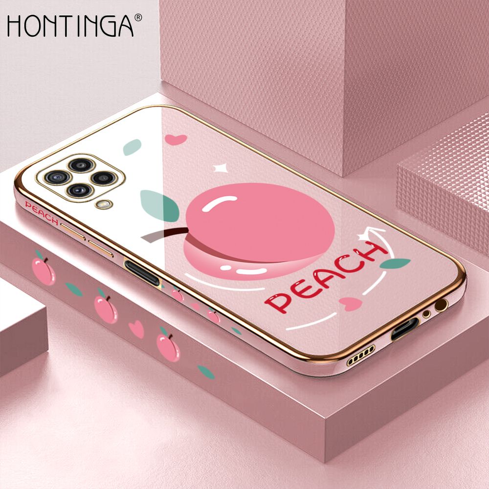 Hontinga for Samsung M32 Back Cover + Free Lanyard Luxury 6D Plating Cartoon Simple Peach Side Pattern Case Soft Silicone Square Mobile Cover