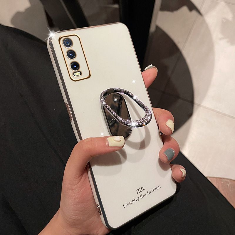 For Vivo Y20S Back Cover + Rhinestone Ring Holder Stand Shiny Plating Square Bumper Girls Phone Case Soft TPU Silicone Shockproof Protective Cover