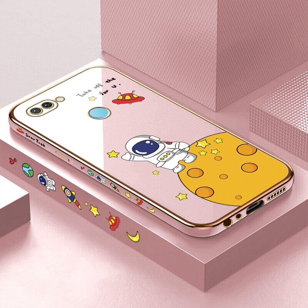 Luxury 6D Plating Case for Realme 2 Pro Cute Cartoon Happy Astronaut Side Pattern Back Cover Soft Silicone Square Frame Shiny Bling Phone Cases + Free Lanyard