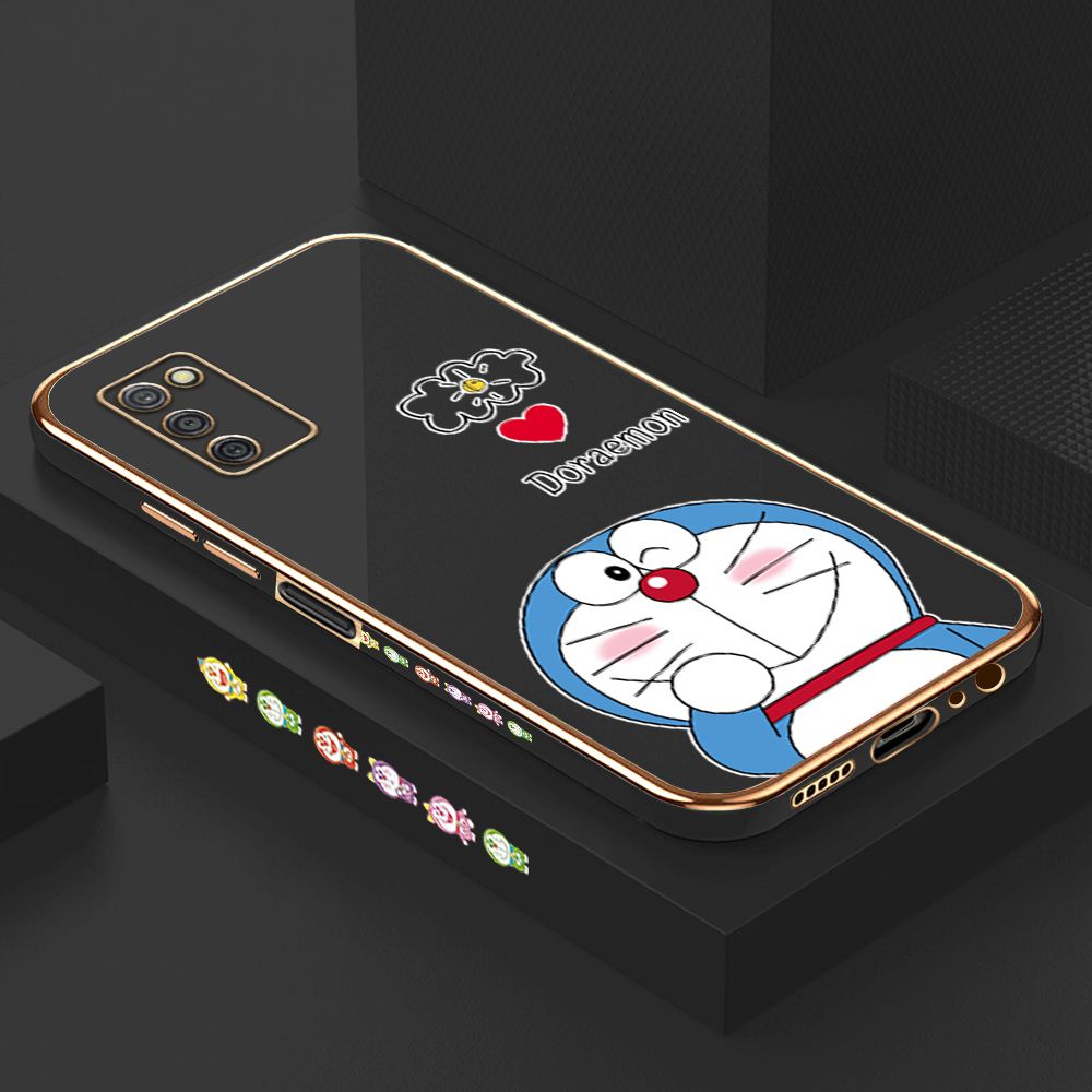 Luxury 6D Plating Case for Samsung A03S Cartoon Giggle Meow Side Pattern Back Cover Soft Silicone Square Phone Cases + Free Lanyard