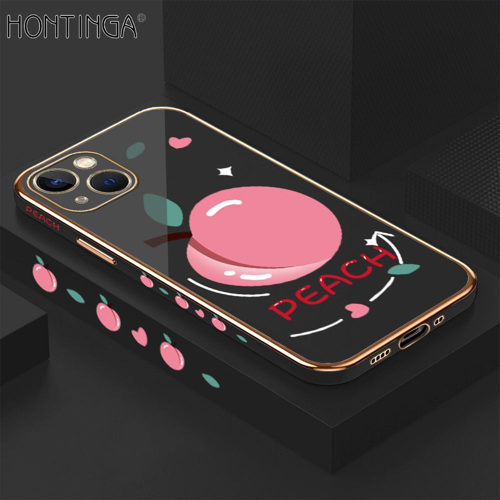 Hontinga for iPhone 13 Mini Case Luxury 6D Plating Soft Casing Silicone Square Frame Phone Cover Shiny Bling Side Print Cartoon Simple Peach Cases