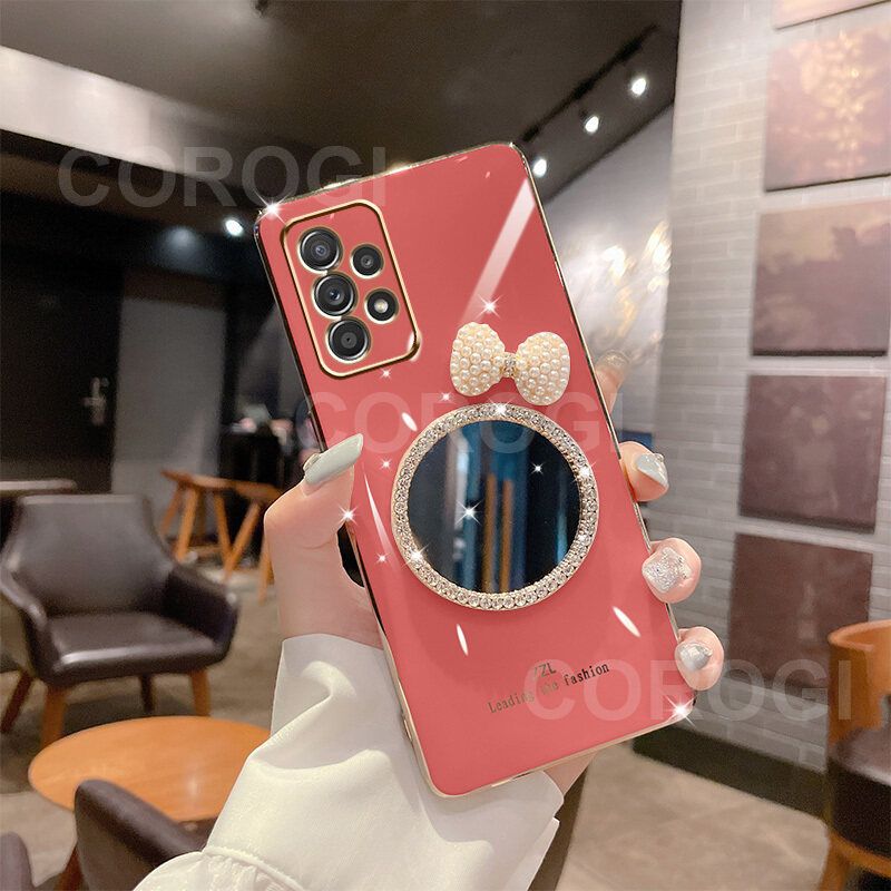 For Samsung Galaxy A72 Back Cover + Bowknot Makeup Mirror Fashion Shiny Plating Square Bumper Bling Girls Phone Case Soft TPU Silicone Shockproof Back Cover