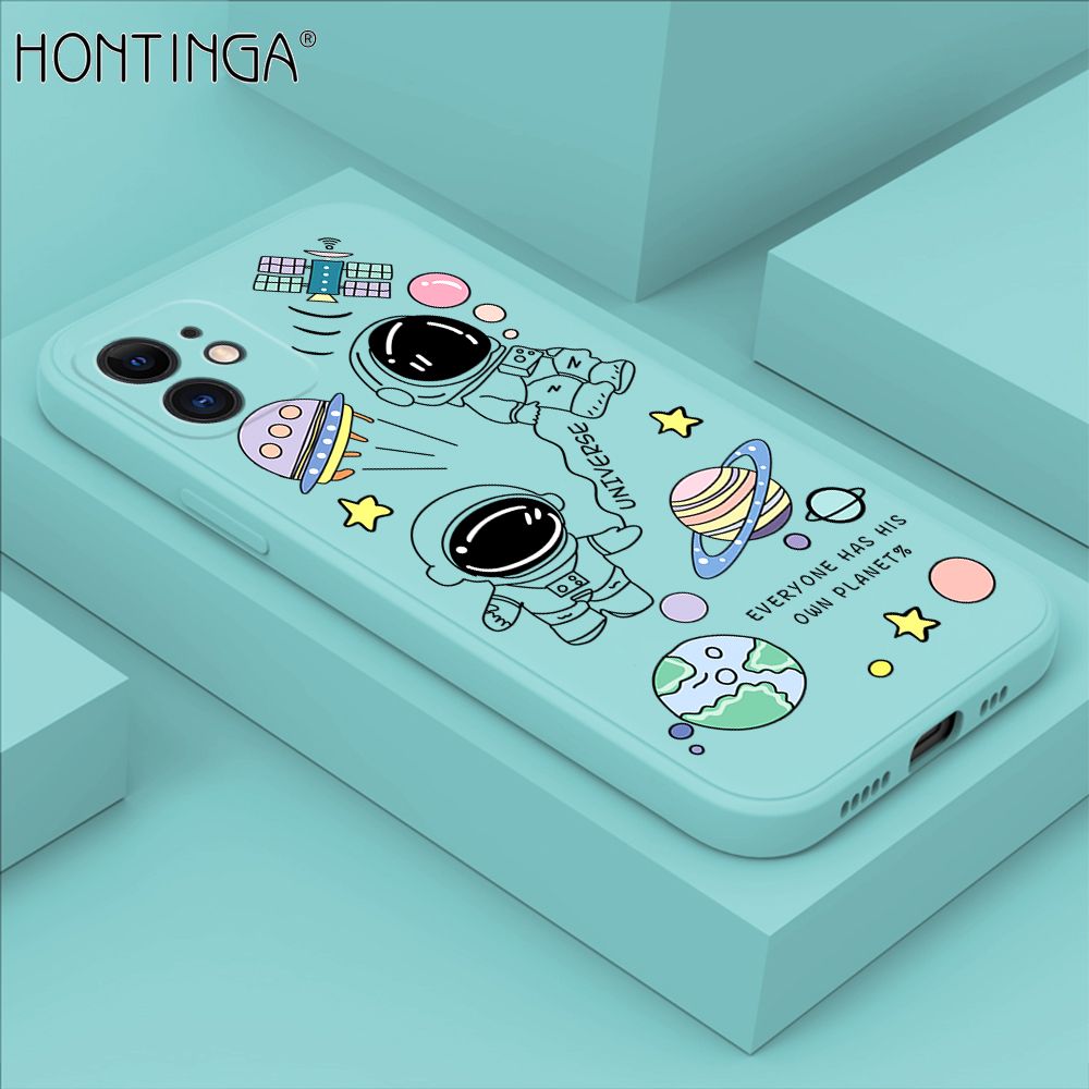 Hontinga for iPhone 12 Case Fashion Earth Planet Astronaut Phone Case Soft Square Edge Silicone Cases Full Lens Cover Shockproof Protection Cover