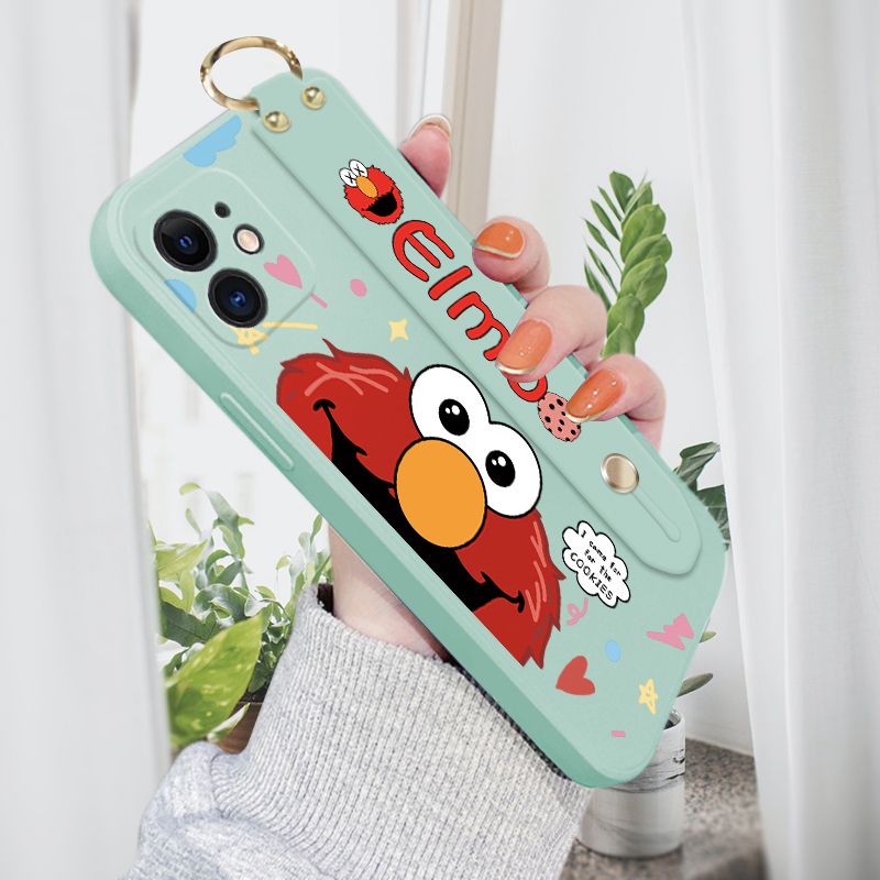 Jizetin for iPhone 12 Wrist Strap Case Creative Cartoon Red Haired Monster Cover Ultra Thin Anti Fall Liquid Silicone Phone Case