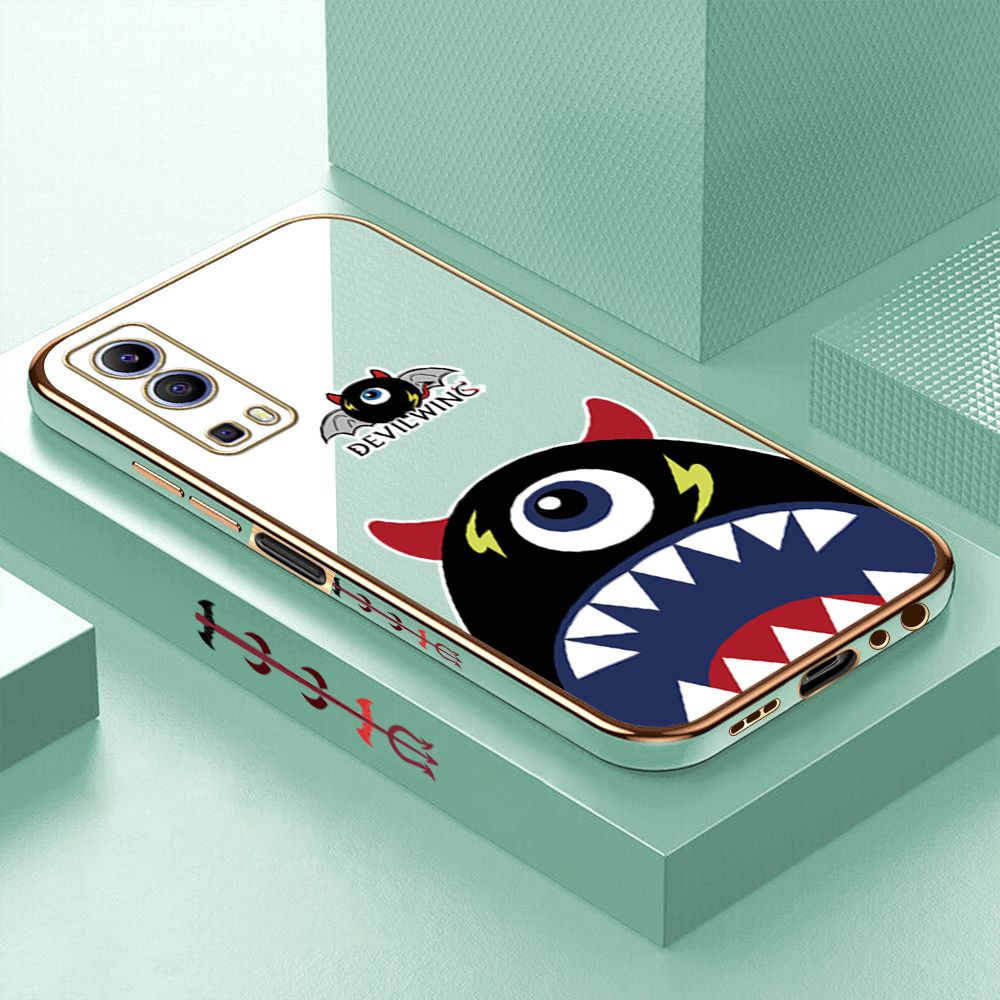 Luxury 6D Plating Case for Vivo Y72 5G Cartoon One-eyed Devil Wing Side Pattern Back Cover Soft Silicone Square Frame Shiny Bling Phone Cases + Free Lanyard