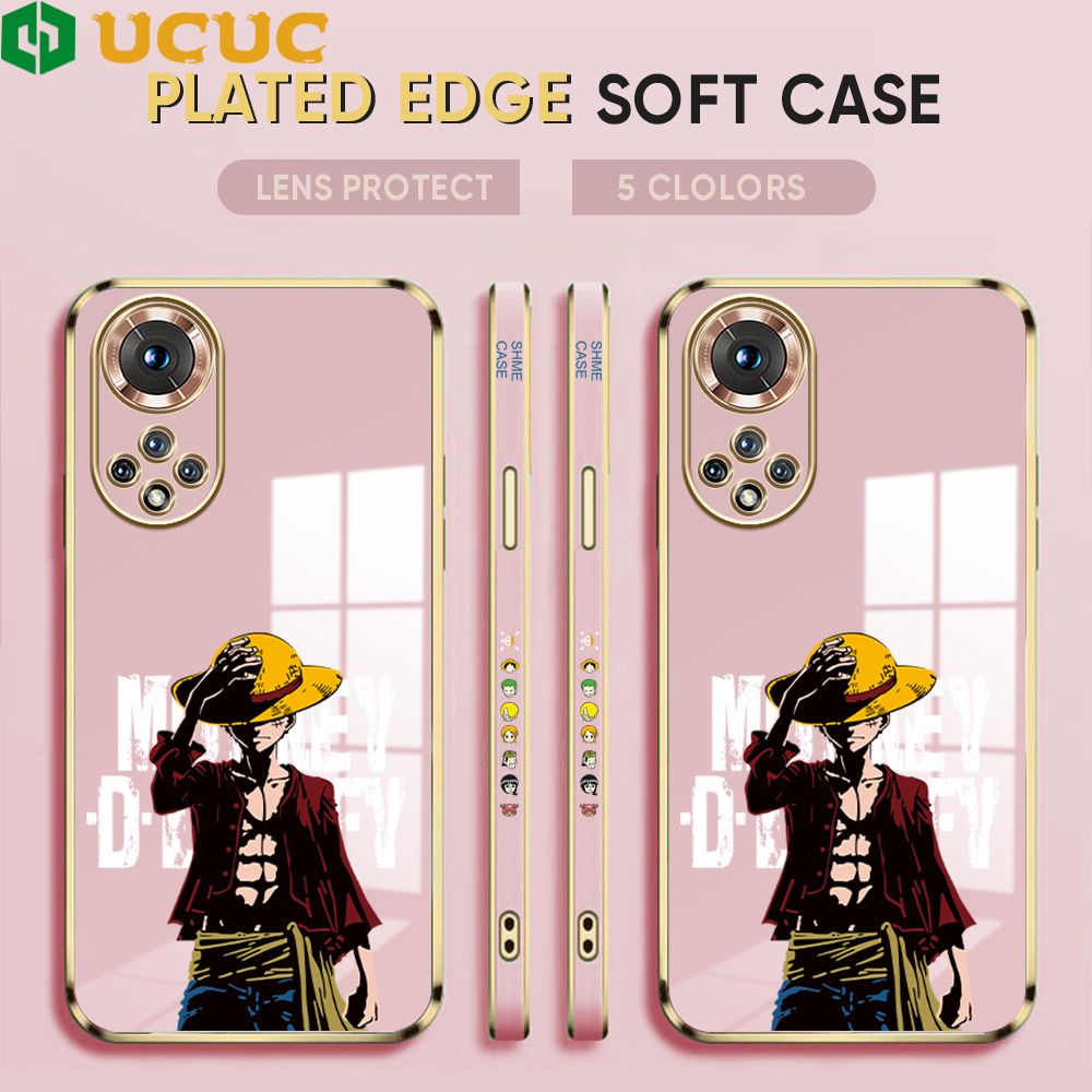 UCUC for Honor 50 Cover Holding Cap Luffy Luxury 6D Plating Soft Casing Silicone Square Frame Phone Case Shiny Bling Back Cover + Free Lanyard