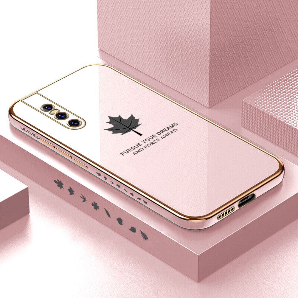 Luxury 6D Plating Soft Casing Silicone Square Frame Phone Case For Vivo V15 Pro Case Shiny Bling Back Cover New Maple Leaf Square Edge Pattern Design Soft Case + Free Lanyard