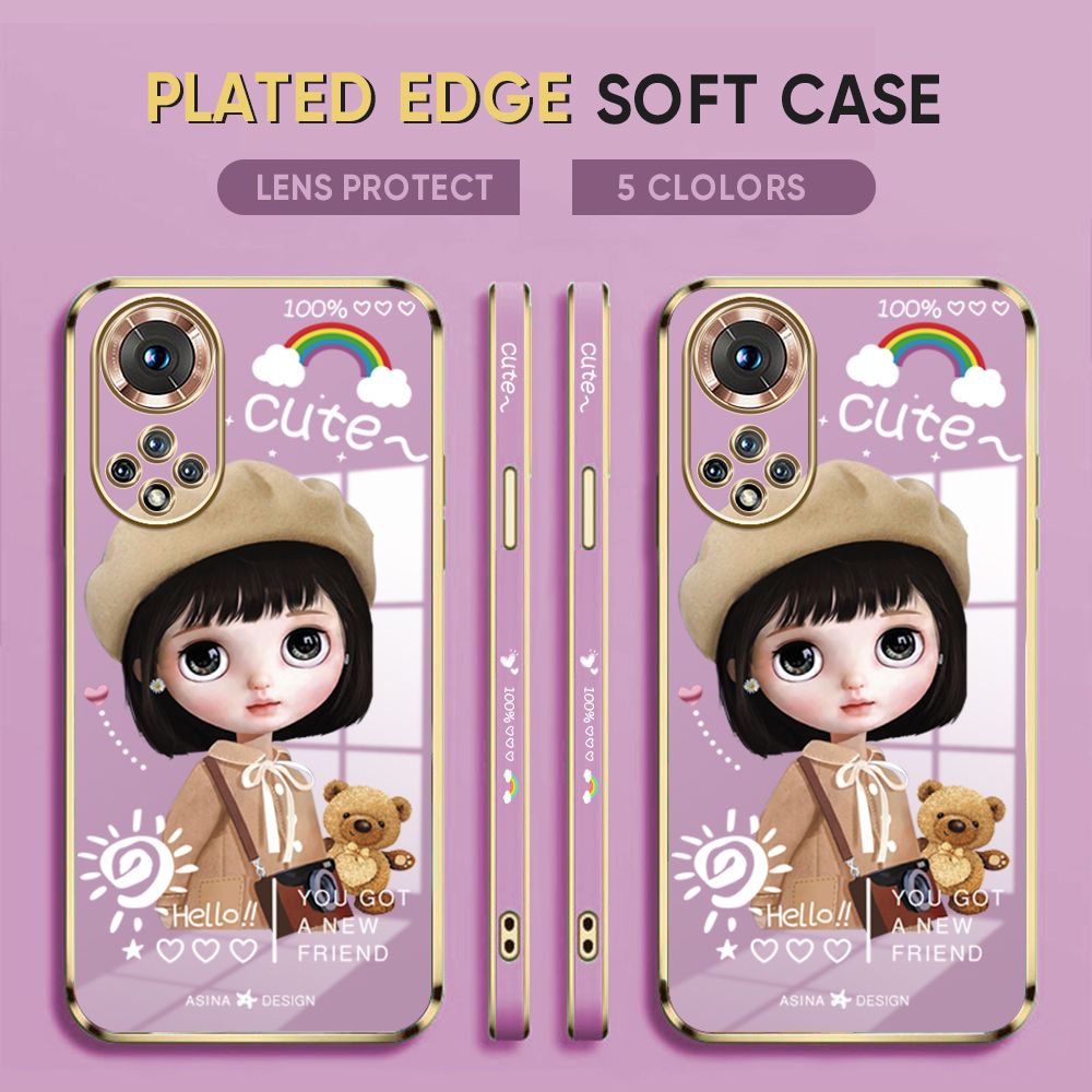 Luxury 6D Plating Case for Honor 50 Phone Cases Satchel Girl Side Print Soft Silicone Square Back Cover