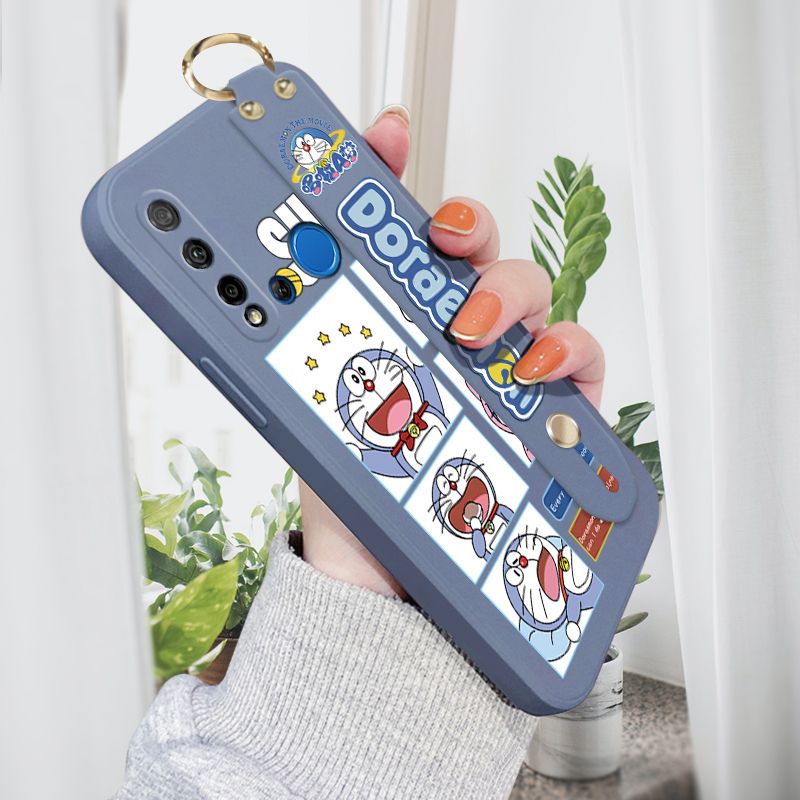Jizetin for Huawei Nova 5i Wrist Strap Case Creative Cartoon Doraemon's Daily Life Cover Ultra Thin Anti Fall Liquid Silicone Phone Case