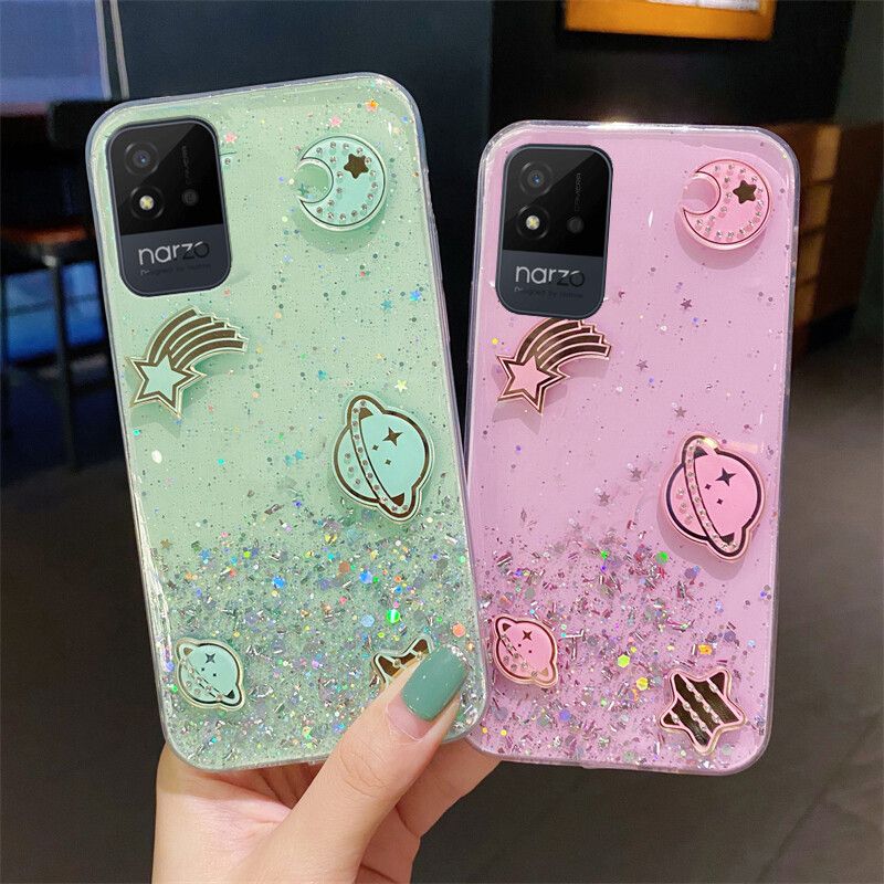 Phone case Realme Narzo 50i Shiny Ring Case Glitter Soft Transparent Space Planet Cases For Realme Narzo50i Back Cover Stars Moon Girls