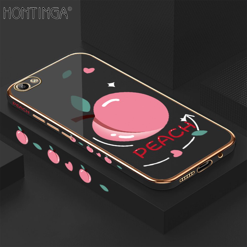 Hontinga for Vivo Y65 Case Luxury 6D Plating Soft Casing Silicone Square Frame Phone Cover Shiny Bling Side Print Cartoon Simple Peach Cases