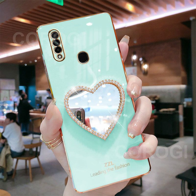 For OPPO A31 Cover with Makeup Mirror Shiny Plating Square Bumper Girls Phone Case Soft TPU Silicone Shockproof Protective Back Cover