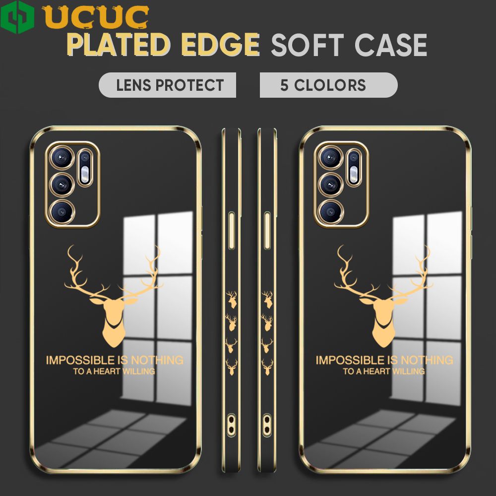UCUC for OPPO Reno6 Back Cover + Free Lanyard Simple Antlers Luxury 6D Plating Case Side Pattern Soft Silicone Square Phone Cases