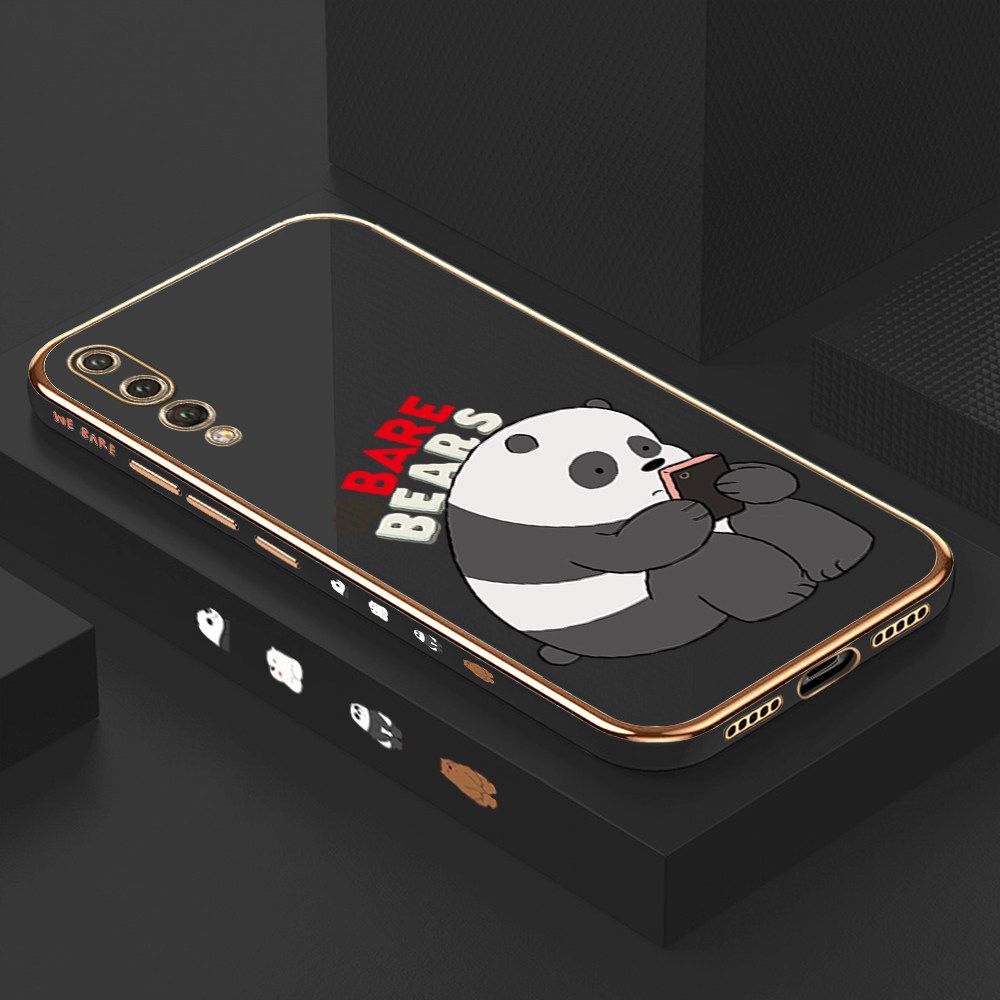 Luxury 6D Plating Case for Huawei P20 Pro Cartoon Panda Side Pattern Back Cover Soft Silicone Square Frame Shiny Bling Phone Cases + Free Lanyard