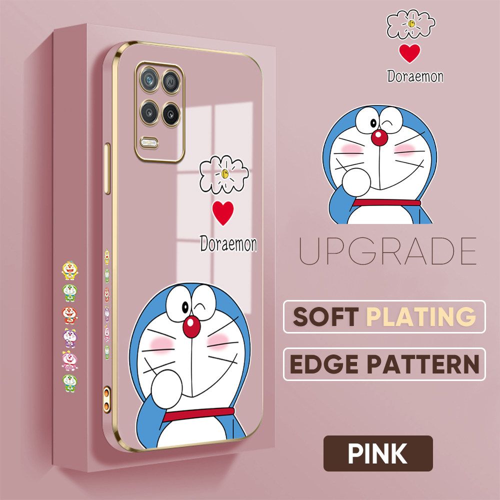 UCUC for Realme 8 5G Back Cover + Free Lanyard Sneak Doraemon Luxury 6D Plating Case Side Pattern Soft Silicone Square Phone Cases