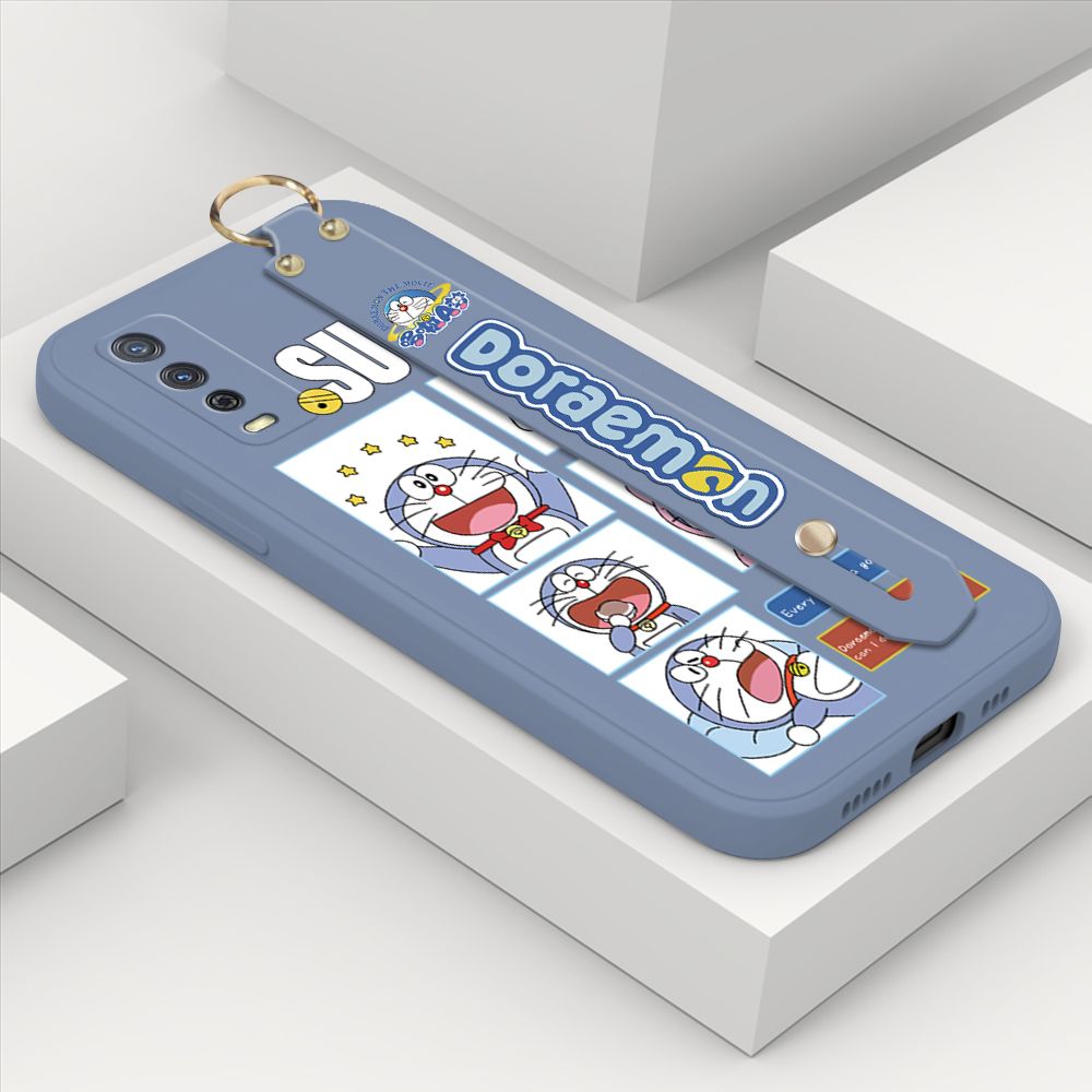 ZeroQiQi for Vivo Y12A Wrist Strap Case Cute Cute Cartoon Blue Cat Daily Life Cover Square Edge Liquid Silicone Creative Phone Protective Cases