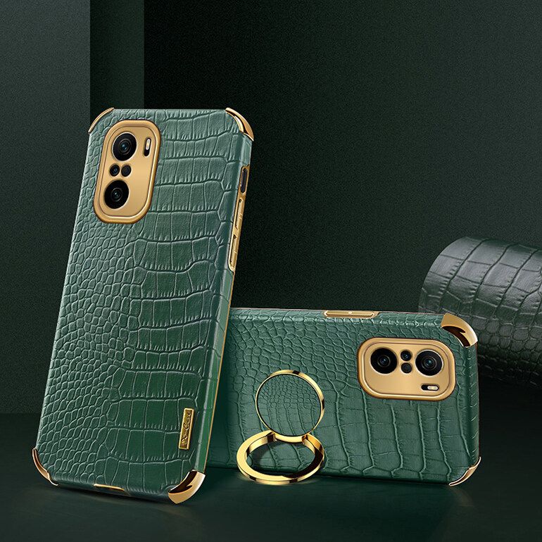 Luxury Plated Crocodile Pattern Leather Holder Phone Case For Xiaomi Redmi K40 / Xiaomi Redmi K40 Pro / Xiaomi Poco F3 Magentic Car Ring Stand Cover