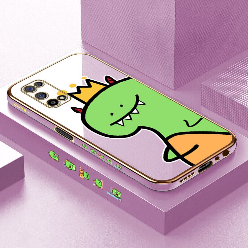 Luxury 6D Plating Case for Realme 7 5G Cute Little Dinosaur Side Pattern Back Cover Soft Silicone Square Frame Shiny Bling Phone Cases + Free Lanyard
