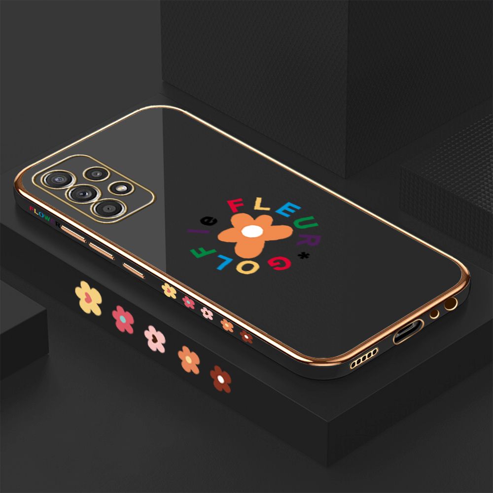 Luxury 6D Plating Case for Samsung A52 5G/4G Cartoon Flower Side Pattern Back Cover Soft Silicone Square Phone Cases + Free Lanyard