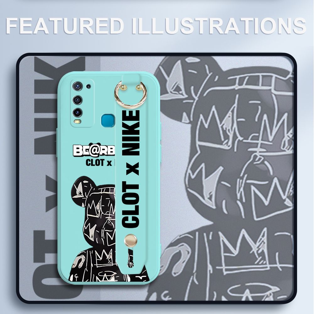 UCUC for Vivo Y50 Wrist Strap Case Creative Cartoon Black Stitching Bear Cover Ultra Thin Anti Fall Liquid Silicone Phone Case