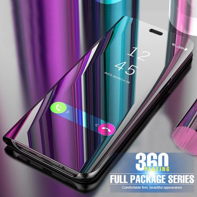 Oppo A3S Smart Luxury Plating Clear View Mirror Leather Stand Flip Cover