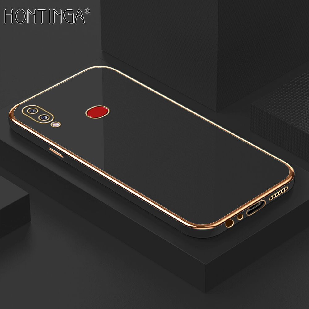 Hontinga for Samsung A10S Case + Free Lanyard Luxury 6D Plating Soft Back Cover Silicone Square Frame Shiny Bling Phone Cases