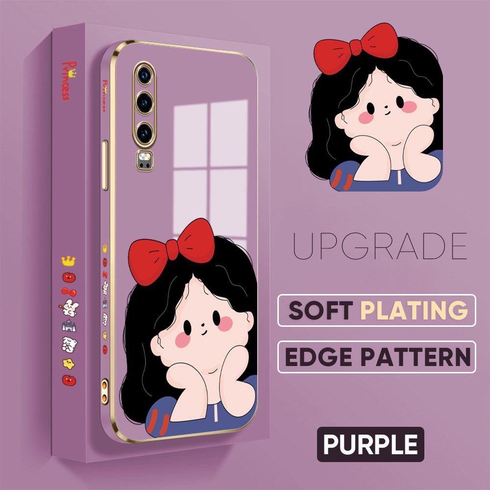 Jizetin (Free Lanyard) Huawei P30 Luxury 6D Plating Soft Casing Silicone Square Frame Phone Case Shiny Bling Back Cover Cartoon Cute Girl New design Side Drawing Case