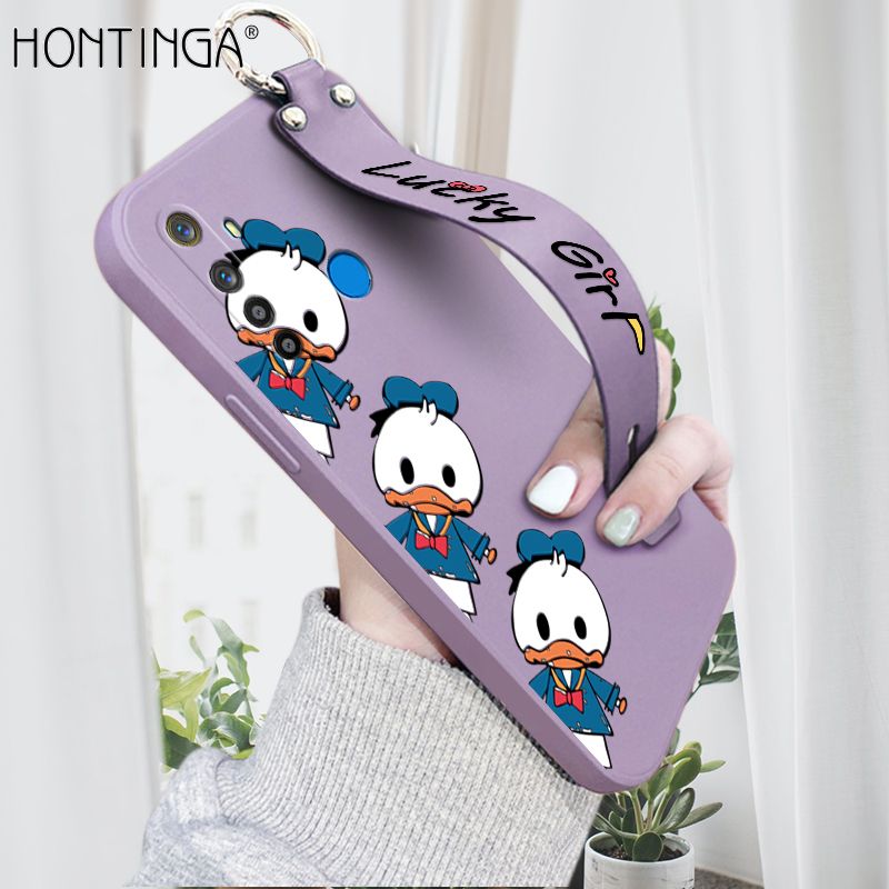 Hontinga for Realme 5i Wrist Strap Case Cute Cartoon Little Duck Phone Case Square Edge Liquid Silicone Case Full Cover Camera Shockproof Protective Cases